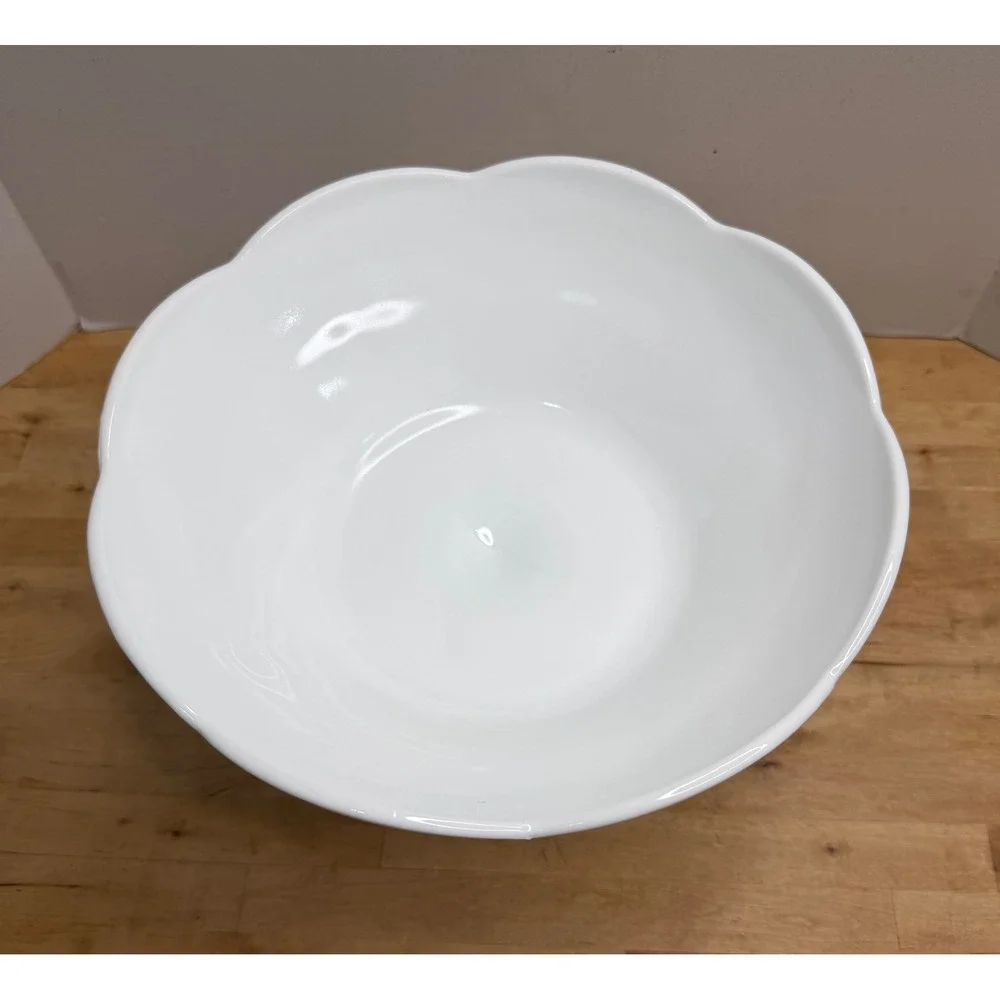 Vintage White Milk Glass Pedestal Compote Bowl Embossed Grapes & Scalloped Rim